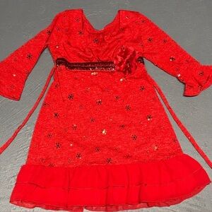 Red Floral girls Dress with Belt and Flower Accent